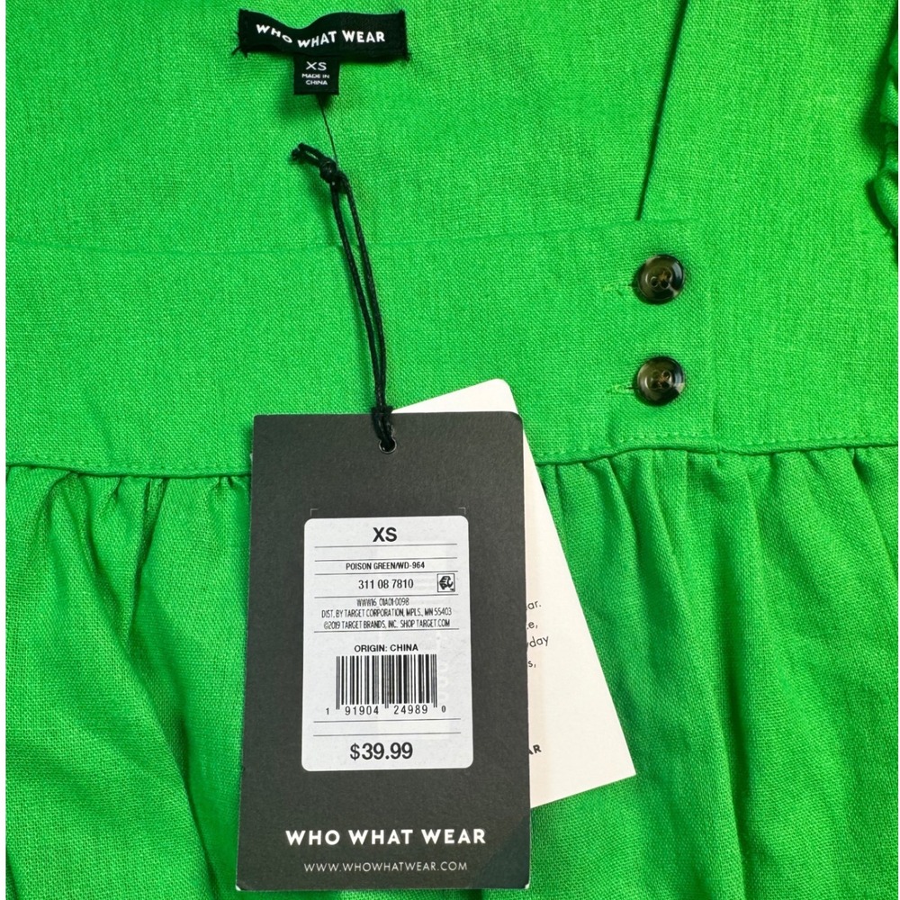 Who What Wear Kelly Green Midi Dress XS Puff Sleeve Tie Waist Square Neck NWT - Picture 7 of 10